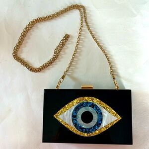 Evil eye acrylic un branded clutch purse black blue eye gold 24” chain clasp